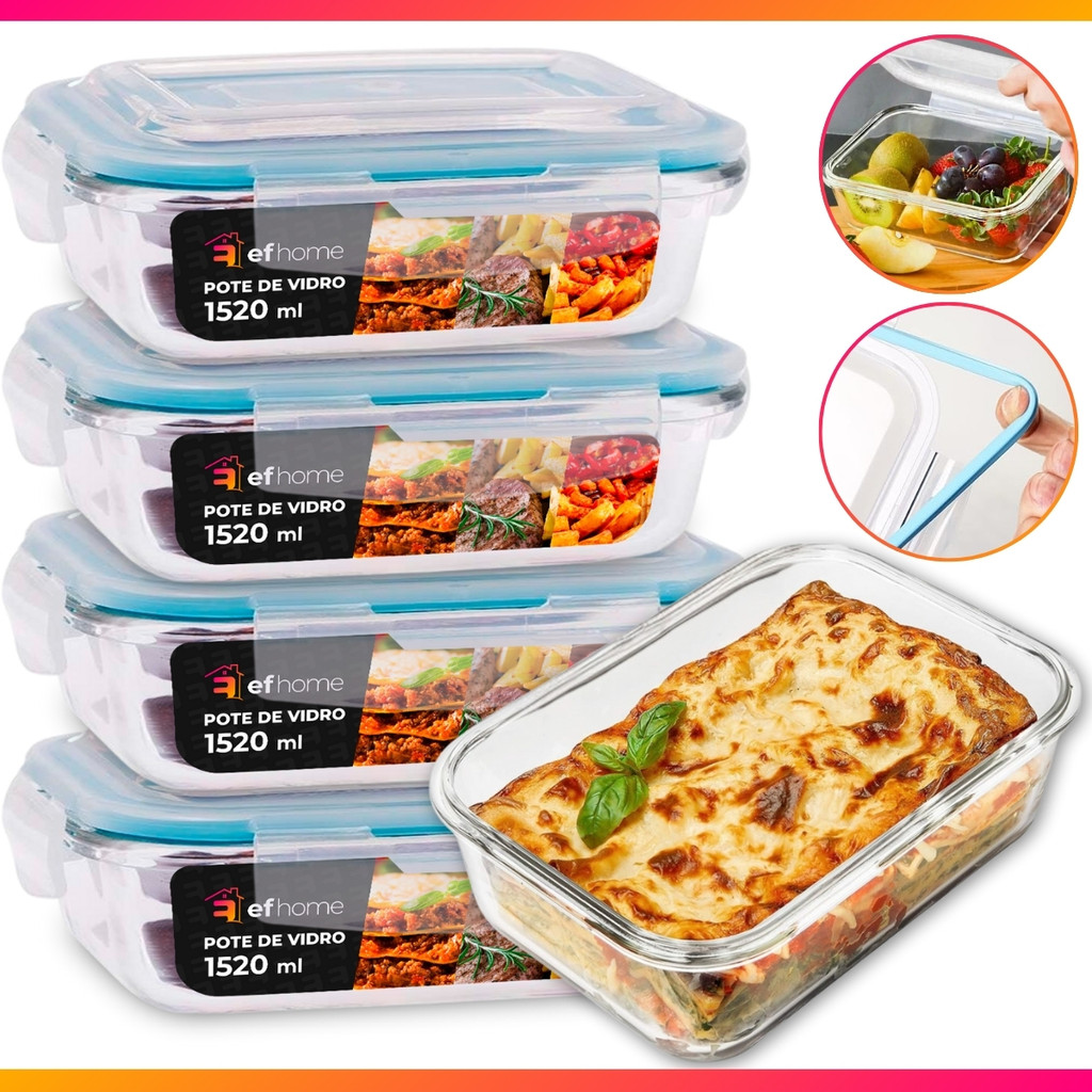 5 Pote 1520ml Vidro Forno Microondas Tampa Hermetica Forte - OFERTA