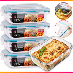 5 Pote 1520ml Vidro Forno Microondas Tampa Hermetica Forte