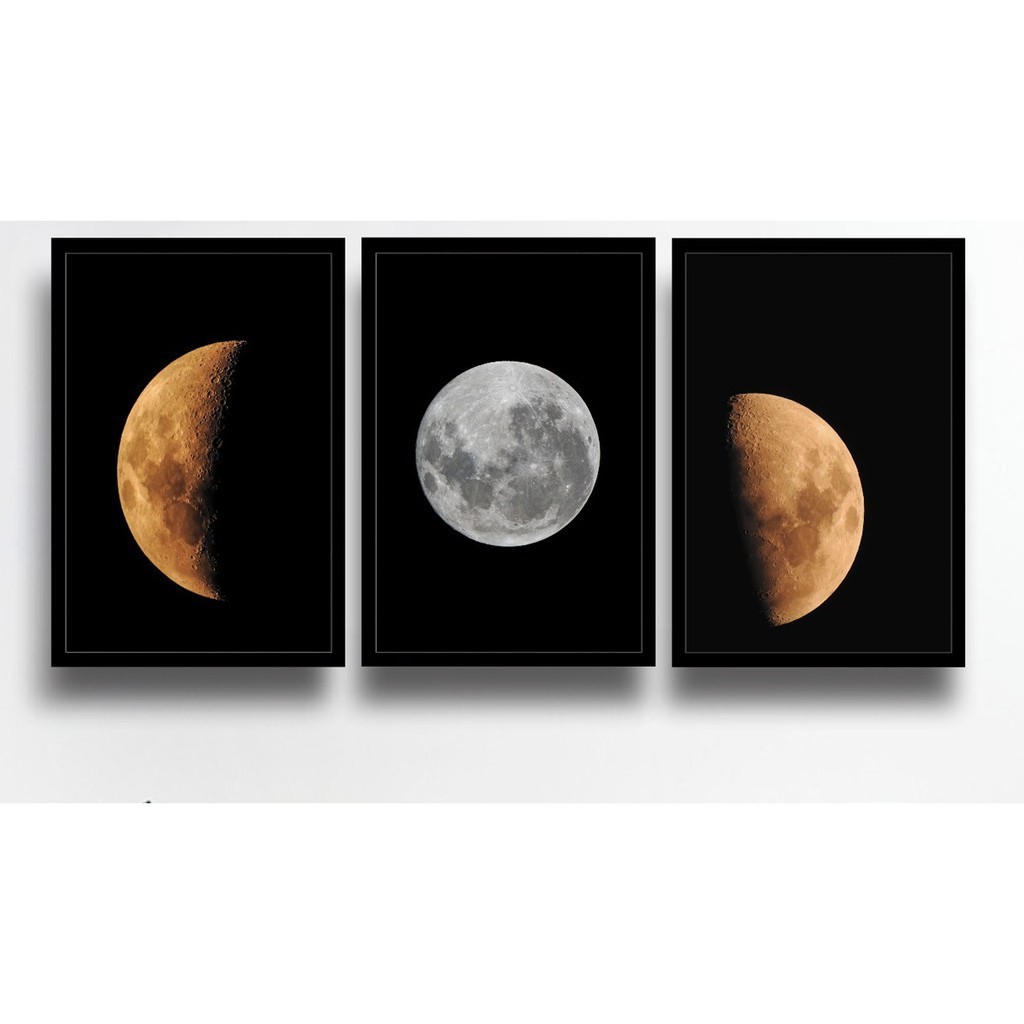 Quadro decorativo 3 peças 20x30 lua fases da lua para sala quarto