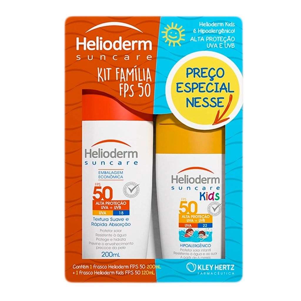 Kit Protetor Solar Família Helioderm Corporal Adulto FPS 50 200ml + Infantil Hipoalergênico FPS 50 120ml em Oferta na Shopee