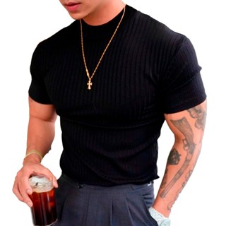 Camiseta Masculina Moda Slim Malha Canelada Blusa Gola Alta Manga Curta Promoção