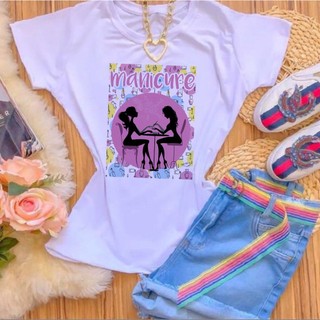 Blusa T-shirt camiseta Babylook Profissão MANICURE FUNDO ROSA