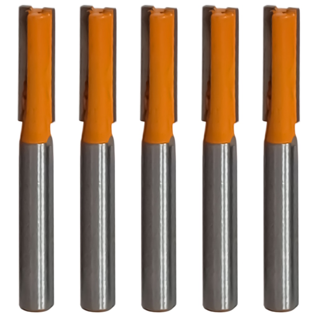 Jogo com 5 Fresas Retas 6mm Haste 6mm Corte Duplo para Madeira Dentes de Metal Duro para Tupia
