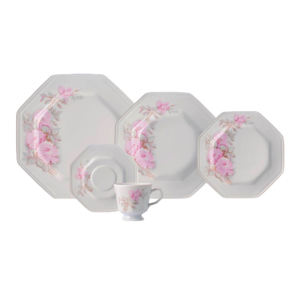 Aparelho De Jantar Porcelana Schmidt 20 Peças Branco e Rosa Maresias