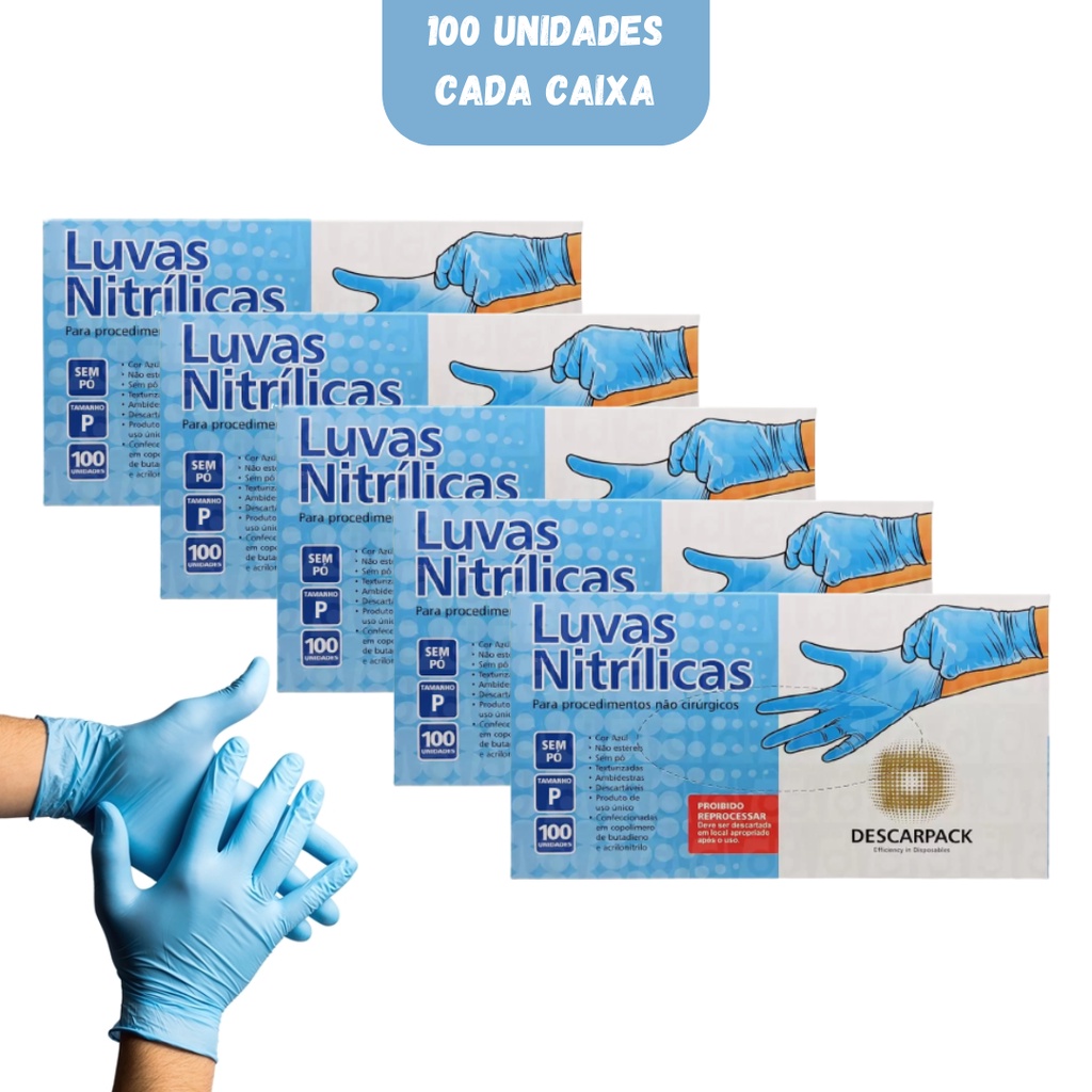Luva Descarpack Nitrílica Azul com 100 Unidades Tamanho P - 5 Caixas em Oferta na Shopee