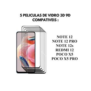 5 Peliculas Vidro 3D 9D Compativel Note 12s Note 12 Redmi 12 Poco x5 Proteção Tela Celular
