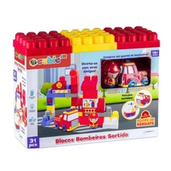 Brinquedo Sortido Blocos de Montar Bombeiros Cubic Jr 31 Pçs Blocos de Encaixe Veículo BR1393