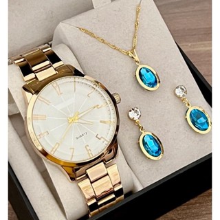 🔥OFERTA🔥 Relógio Feminino + Kit Colar Brincos Folheados A Ouro 18k *
