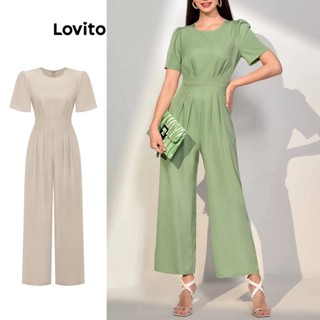 Lovito Casual Macacão Feminino Liso Plissado L71ED246 (Damasco/Verde)