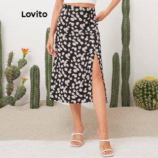 Lovito Saia Casual com Estampa Floral e Boca com Fenda L11D33 (Preto)