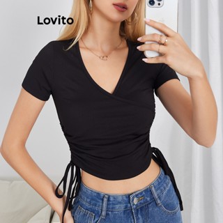 Lovito Camiseta Básica com Amarração para Mulheres LBE04108 (Preto)