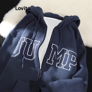 Lovito Casual Moletom Feminino com Estampa de Texto Bolso e Zíper LNA26216 (Azul Escuro)