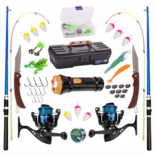 18 KIT DE PESCA COMPLETO 10KG C/ 2 VARAS FLEXIVEIS + 2 MOLINETES + LANTERNA + ITENS