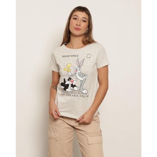 Camiseta Feminina Manga Curta Looney Tunes Com Estampa Cinza