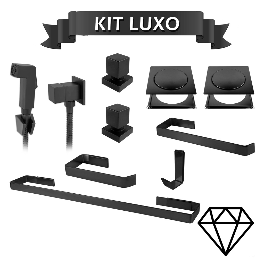 Kit Acessórios para Banheiro Preto: Ducha Higiênica, Ralos 10x10, Acabamentos de Registro .9922