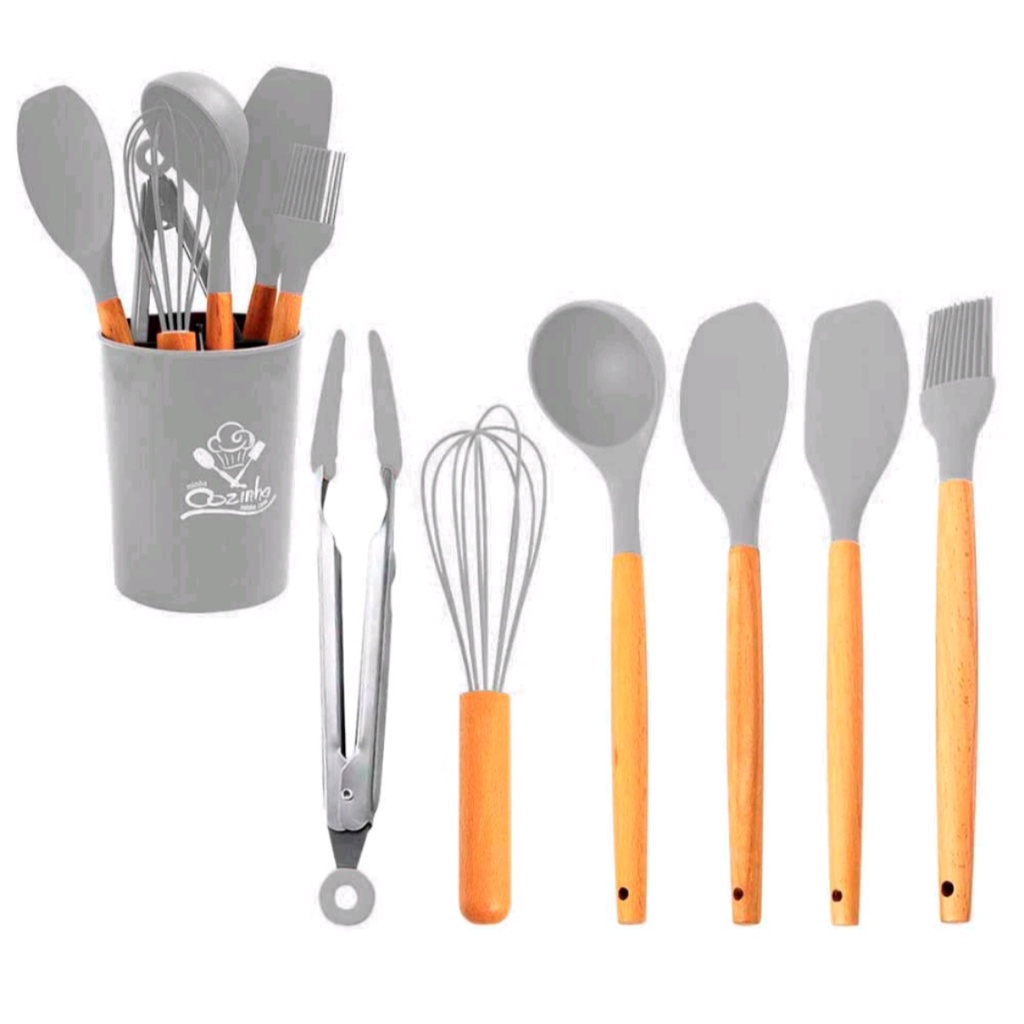 Kit Jogo Utensílios de Cozinha de Silicone Cabo em Madeira 7 Peças Premium Casa Cozinha