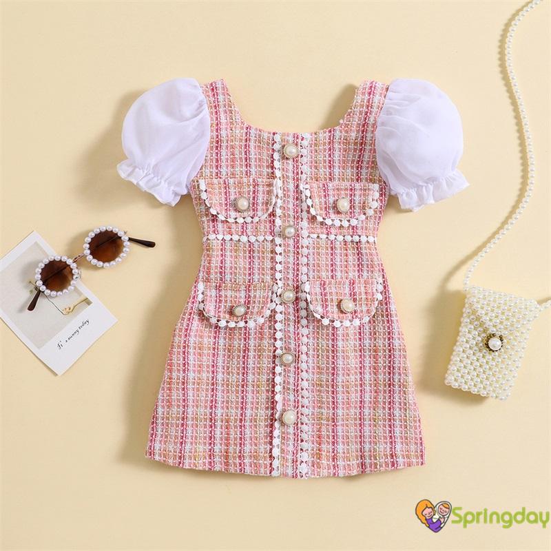 Vestido Infantil para Meninas Manga Bufante Cores Mistas Pérolas Patchwork Vestido de Verão Linha A,0-6 Anos em Oferta na Shopee