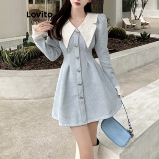 Lovito Vestido Feminino Casual Com Botão Frontal Drapeado E Gola Contrastante LNA34104 (Azul)