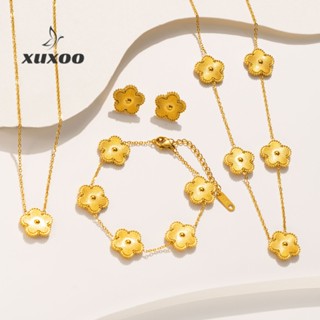 Simples Elegante Conjunto De Jóias De Cinco Folhas De Flor De Aço Titânio Clover Blossom Fashion Lady Lucky Accessories Jewelry