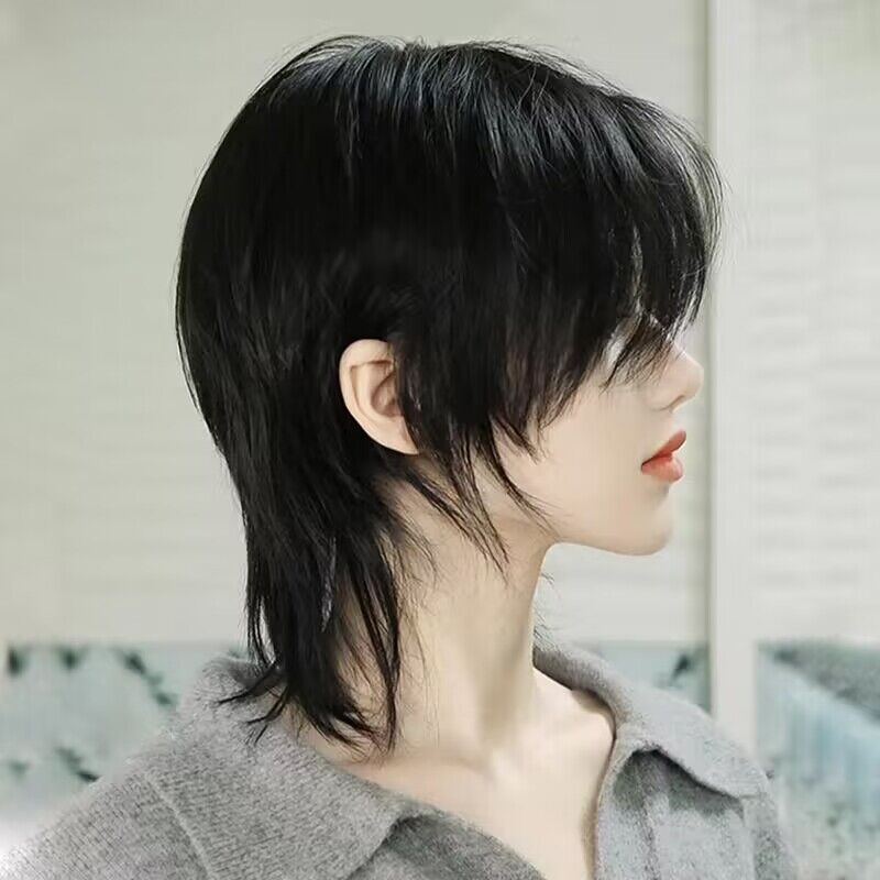 Peruca Cauda De Lobo , Tala Masculina , Cabeça De Peixe , Franja De Oito Linhas , Cabelo Curto Cheia
