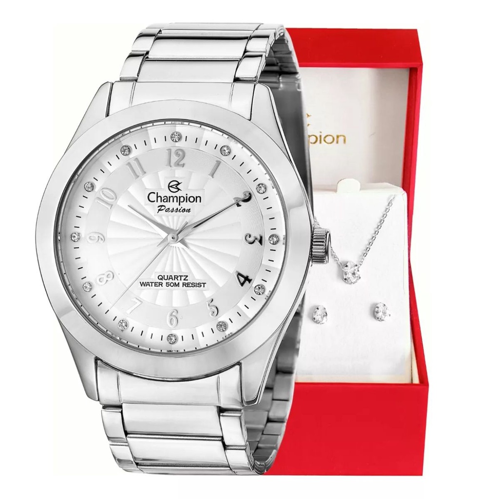 Relógio Champion Feminino Analógico Prata + Kit Colar e Brincos Original À Prova D'Água Mulher Barato CN29409Q - Watches