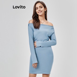 Lovito Casual Vestido Feminino Liso Plissado L68ED242 (Azul)