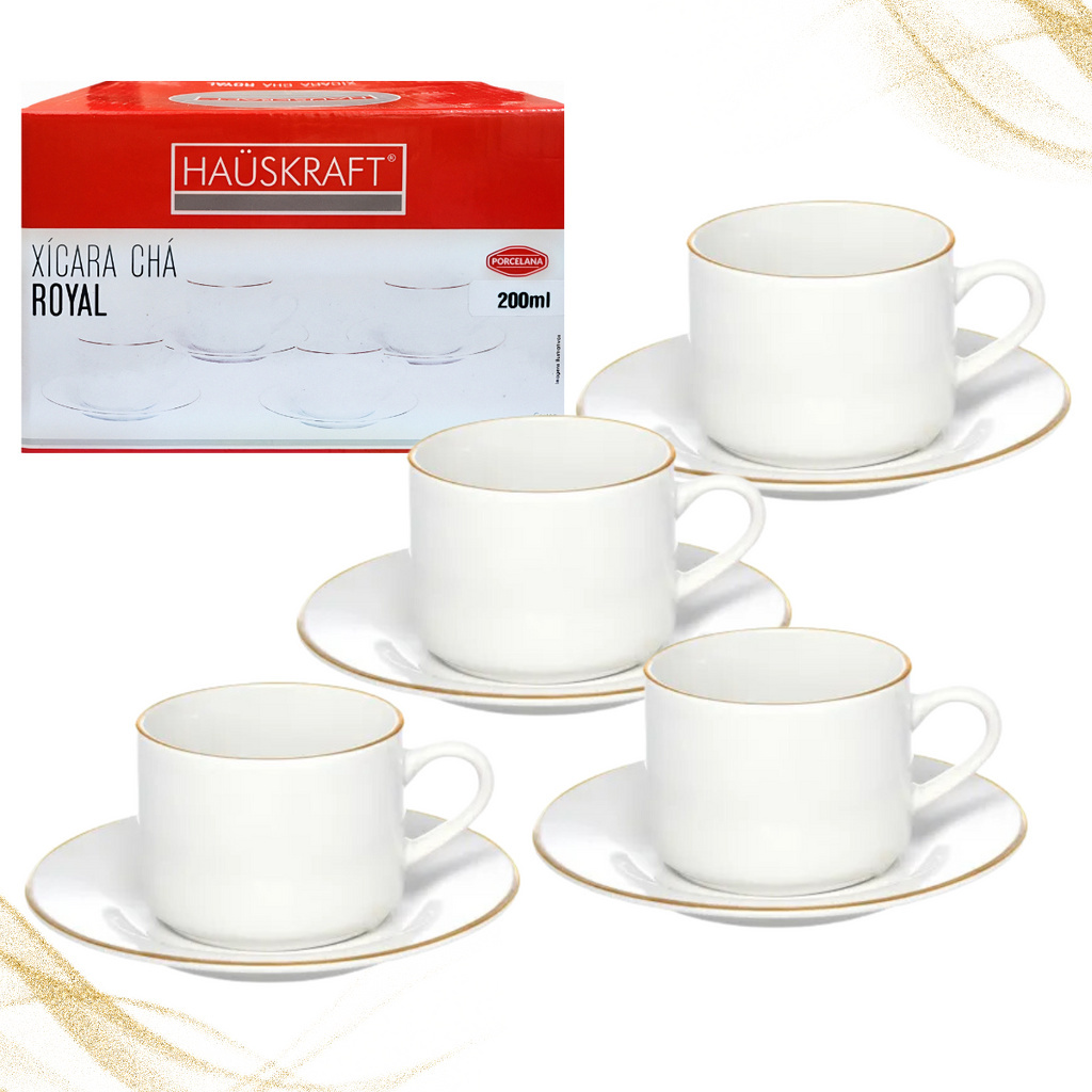 Jogo De Xícaras E Pires 200ml Em Porcelana Branca Com Borda Dourada 8 Peças Chá Café Filet...