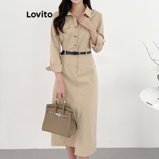 Lovito Vestido Casual Liso Com Botão De Bolso Para Mulheres LNA33043 (Cáqui/Marrom/Preto)