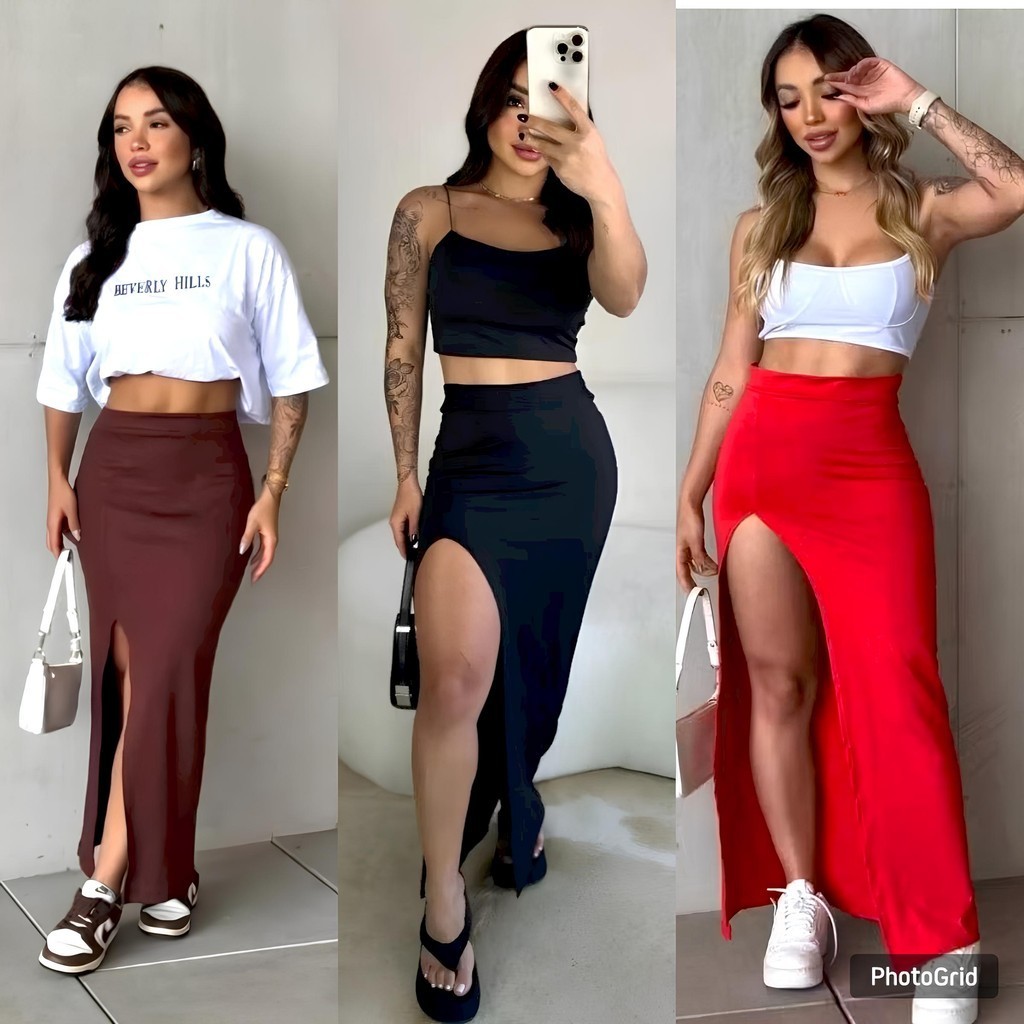 Saia Longa Fenda Feminina Modinha Suplex Verão Longuete Blogueira Moda Gringa em Oferta na Shopee