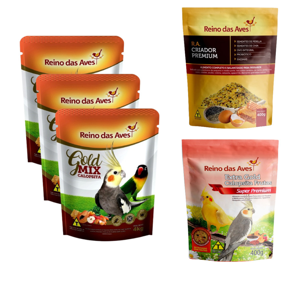 Kit 3 Calopsita Gold Mix 500g cada+ 1 Extra Gold Calopsita Frutas 500g + 1 R.A Criador Premium - REINO DAS AVES