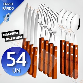 Jogo de Talheres Cabo Madeira 54/36/18 peças Aço Inox Facas Garfos e Colheres de Mesa Cas…