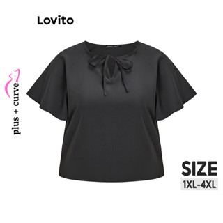 Lovito Blusa Plus Size Casual com Amarração e Babados para Mulheres LBE03080 (Preto)