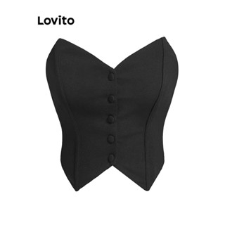 Lovito Camiseta com Botões Frontais Assimétricos de Alças Finas para Mulheres L61AD066 (Preto)