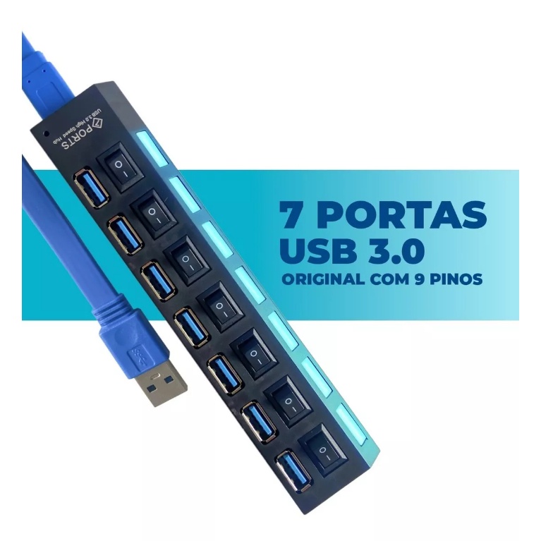 Régua Hub USB Com 7 Entradas 3.0 480mbps Excelente Taxa de Transferência Conecta Diversos Aparelhos Mouse Impressora