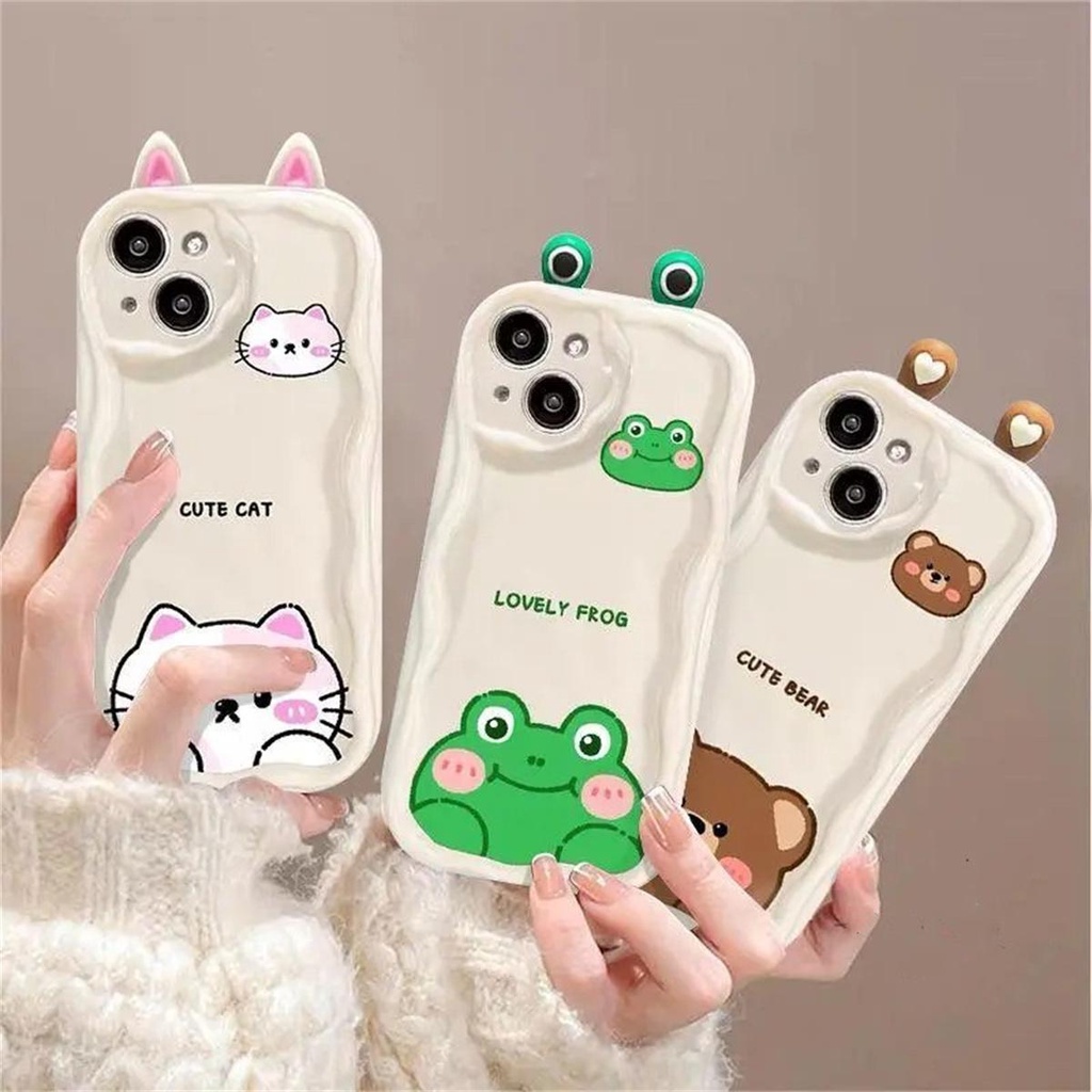Caixa Para Samsung Galaxy A02 A02S M02S M02S A03 CORE A04 A04E A10 M10 A11 M11 Cream Wave Edge Cute 3D Bear Rabbit Orelha De Rã Feia