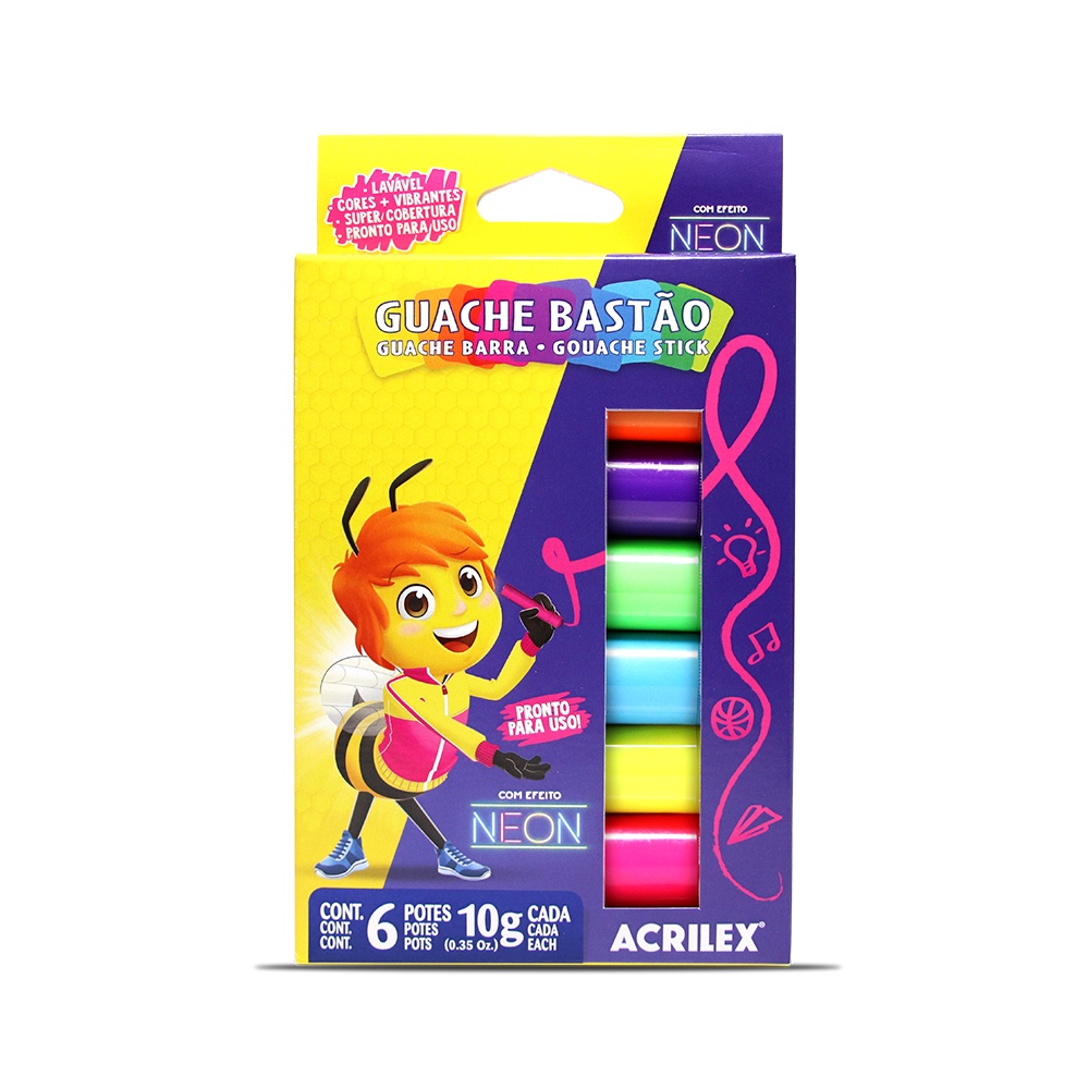 Estojo Tinta Guache bastão Acrilex  6 cores - Efeito Neon