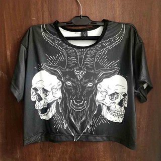 Blusa cropeed baphomet bode caveira metal rock larguinha