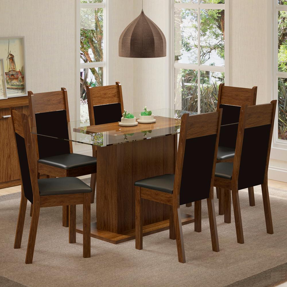 Conjunto Sala de Jantar Madesa Atlanta Mesa Tampo de Vidro com 6 Cadeiras - Rustic/Preto/SintPreto em Oferta na Shopee