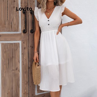 Lovito Vestido Boho Liso Com Acabamento Em Alface E Botão Duplo Para Mulheres LNL35084 (Branco)