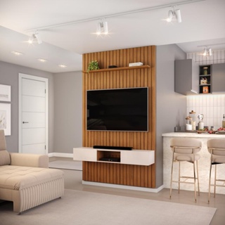 Painel com Bancada para TV até 60 Polegadas Ripado DJ Móveis Trento 143 Freijó Off White em Oferta na Shopee