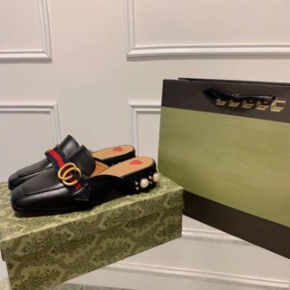 Gucci Summer All-Match Outer Wear Outer Wear Heel Half Slippers Femininos 2023 Novo Estilo de Calcanhar Grosso Couro Genuíno Mulas Planas de Couro Francês