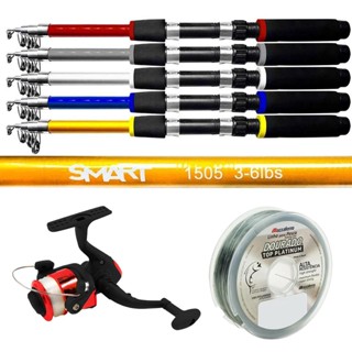 Kit Vara para Molinete Telescópica Smart 1,50m + Molinete Fight 200 Vermelho + Linha
