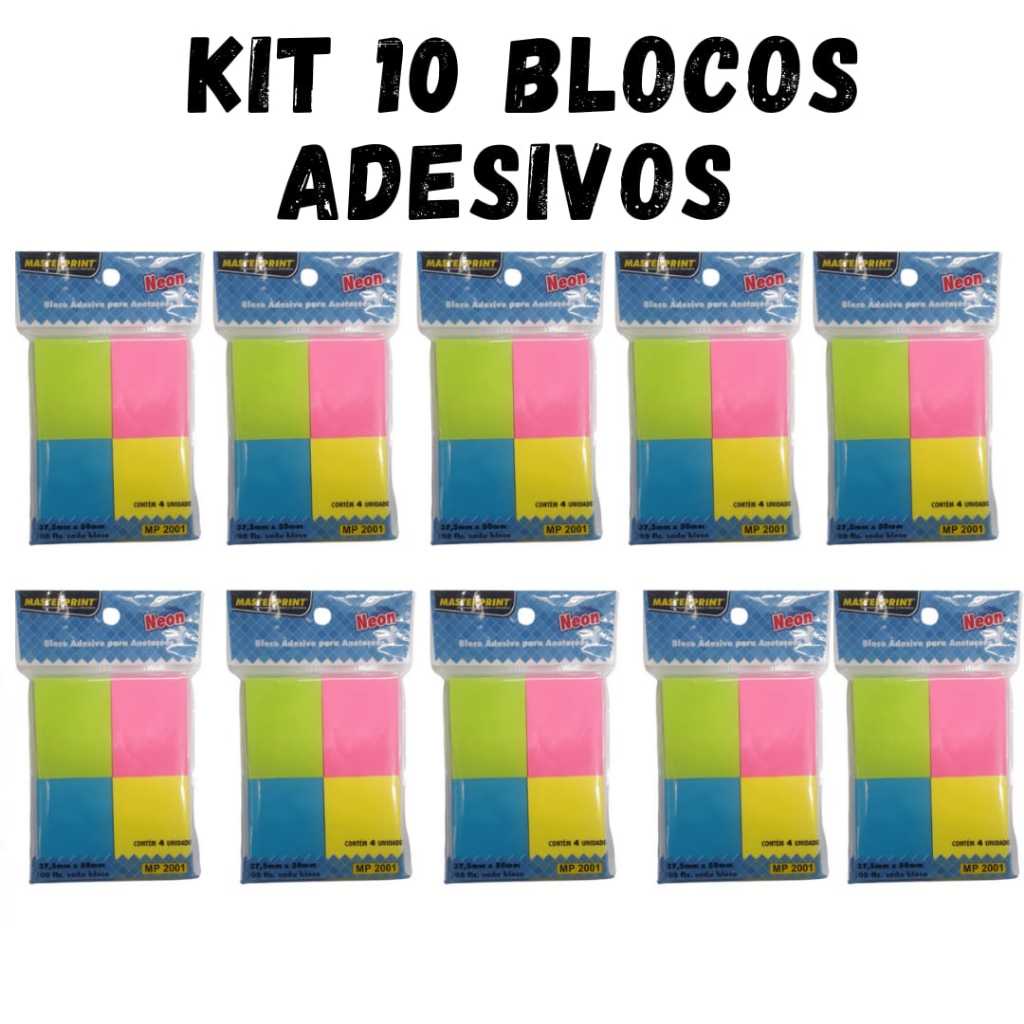 Kit 10 Blocos Adesivo Neon para Anotações 4 cores Masterprint