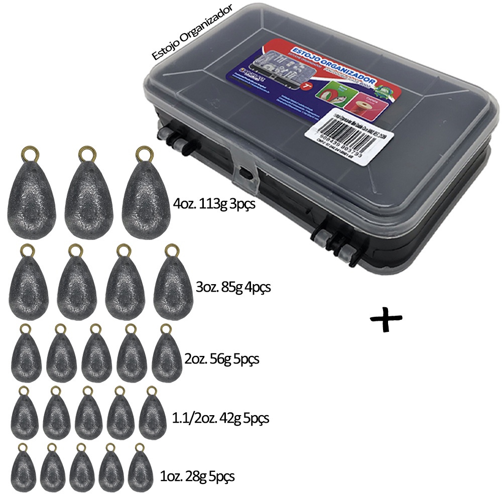 Kit Estojo Com Chumbada Pingo Com Argola Para Pesca Na Praia Costão Mar