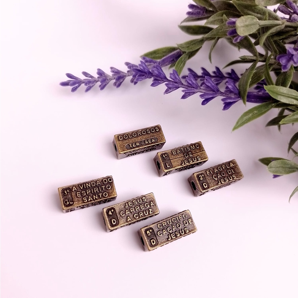 Passante Mistérios para Terço - Kit 6 Passante para Pai Nosso - Contemplações dos Mistérios Ouro Velho