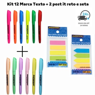 Kit 12 Marca Texto (6 Néon + 6 Pastel) + 2 Bloco Adesivo Seta e Reto Marcador de Página MASTERPRINT em Oferta na Shopee