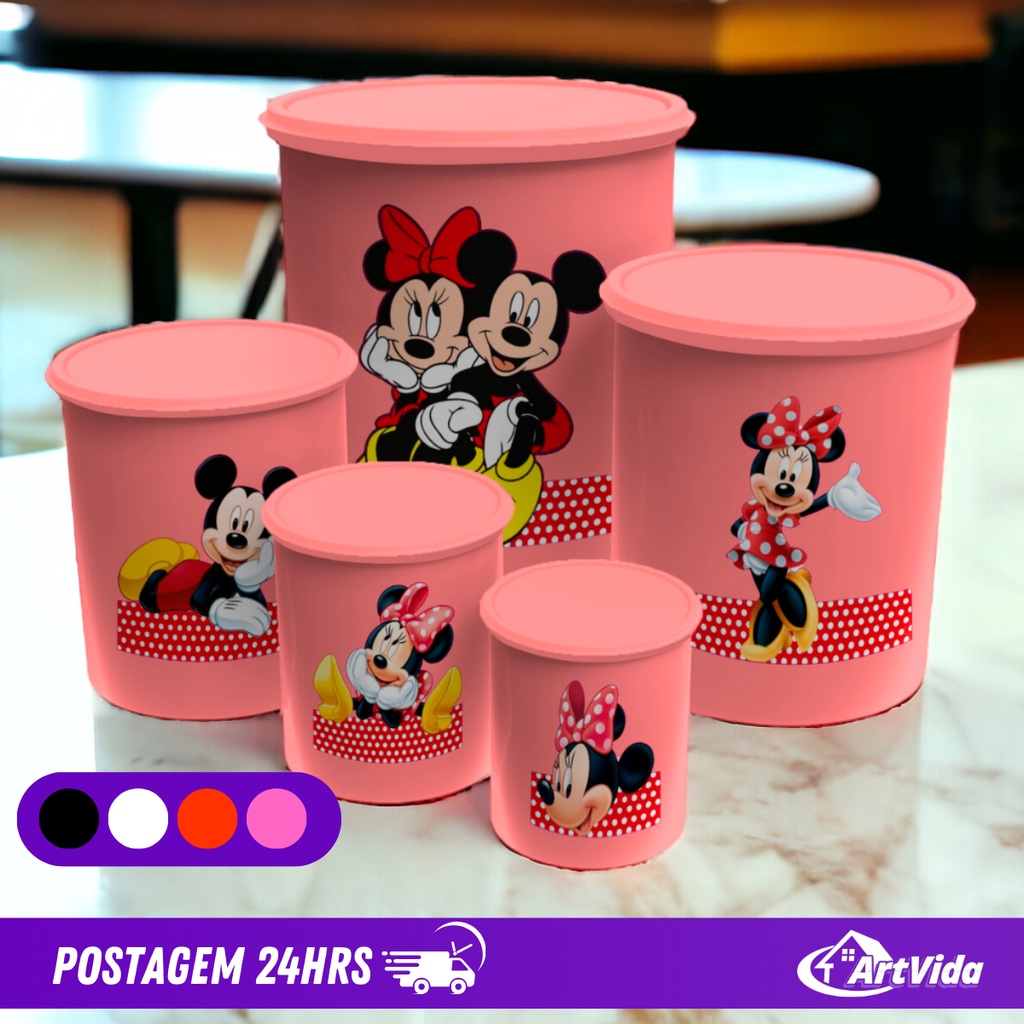 Jogo Kit Potes Mantimentos Decorado Mickey Minnie Disney - Feitos de Plástico Resistente