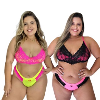 Kit 2 Conjunto Feminino Plus Size Lingerie Neon com Aro Renda Sensual Moda Conjunto Plussize Regulagens em Metal Revenda Sacoleira