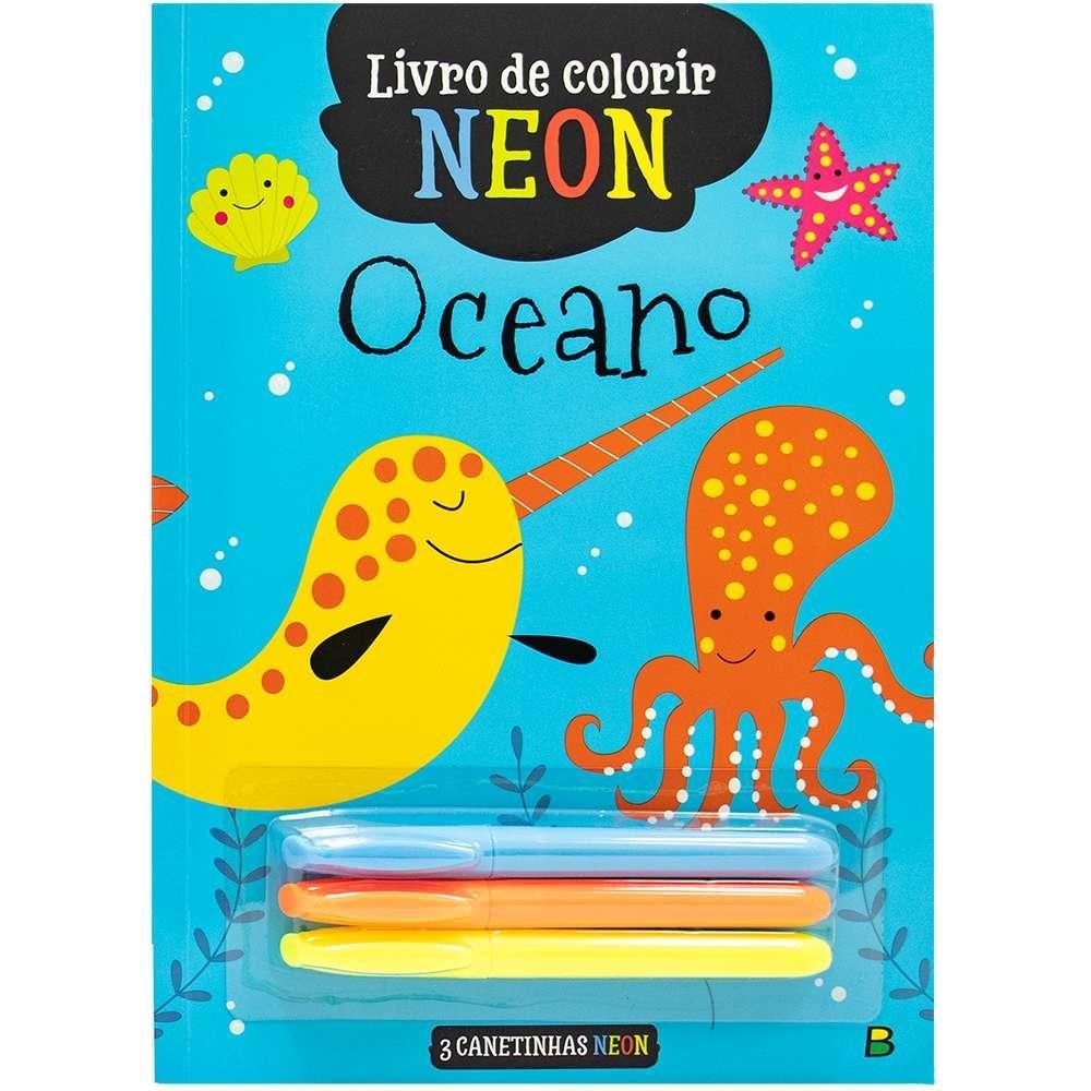 Livro De Colorir Neon Oceano com 3 Canetas Fluorescentes