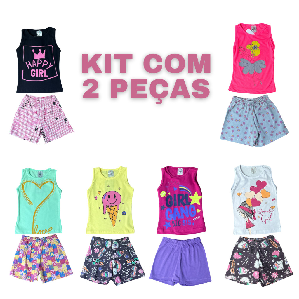 Kit 2 Peças Infantil Menina Verão Criança Juvenil com 1 Blusa + 1 Short de Algodão Tamanho 1 ao 14